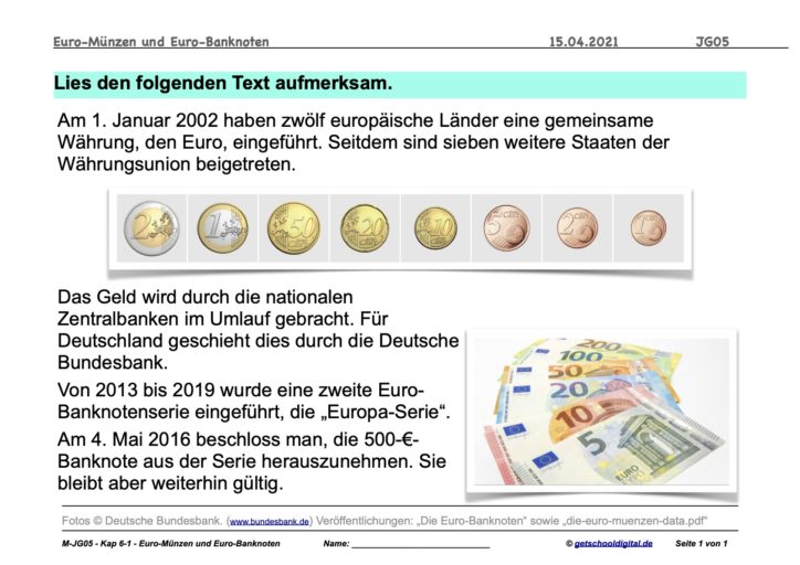 M-JG05 - Geld - 08 - Euro-Münzen und Euro-Banknoten